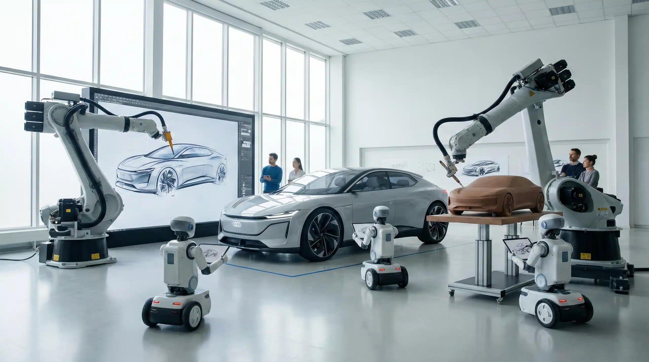 Robotic arms and AI robots in modern automotive design studio with concept car
