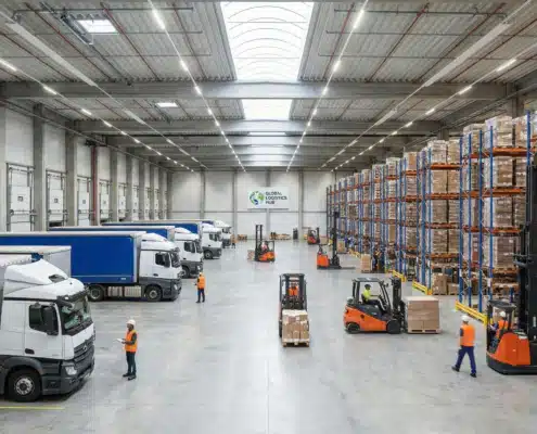showing warehouse actions: trucks, warehouses, shelving, forklift