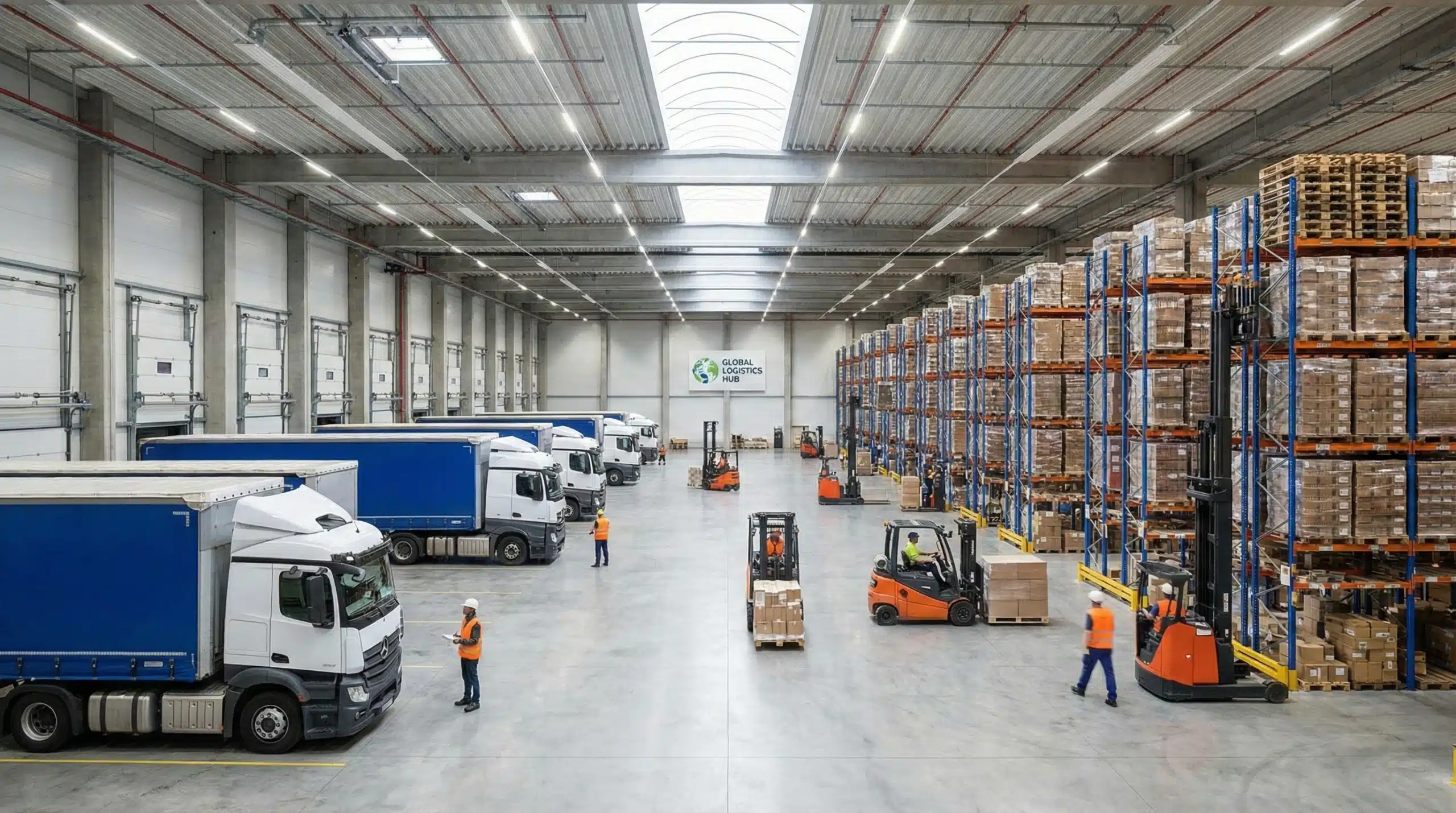 showing warehouse actions: trucks, warehouses, shelving, forklift