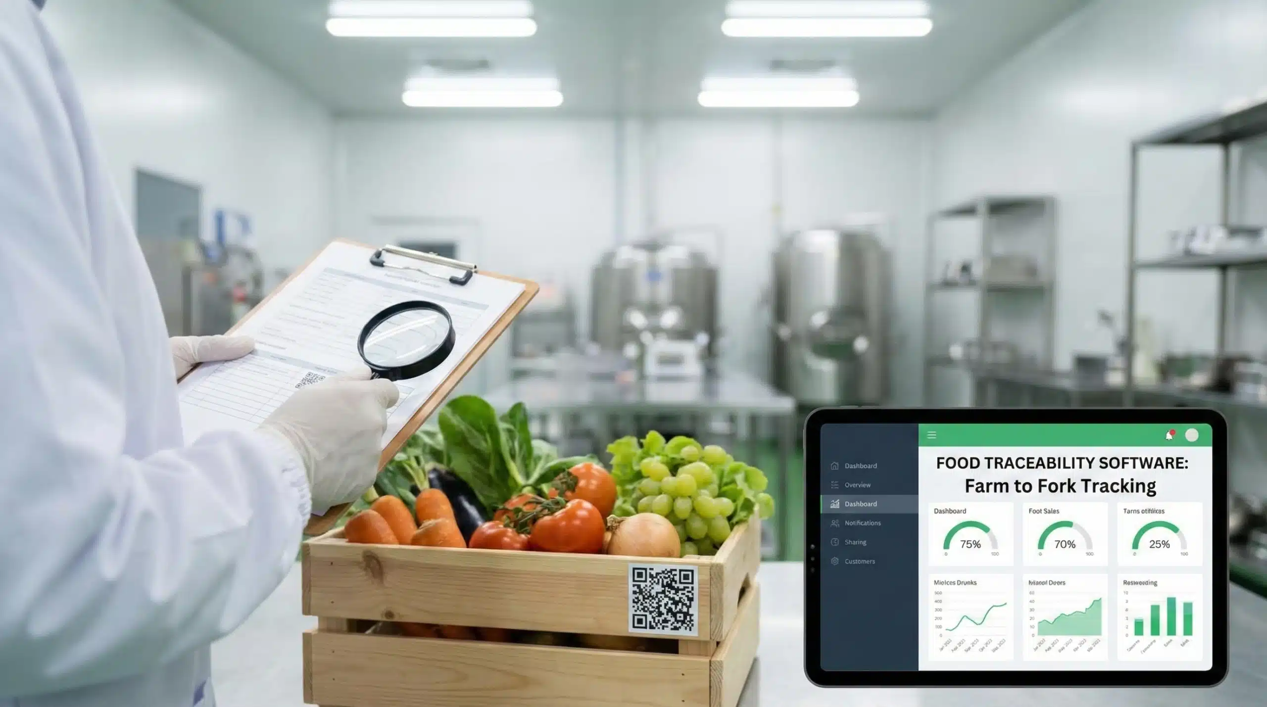 Food traceability software illustration showing clipboard inspection with magnifying glass and quality control
