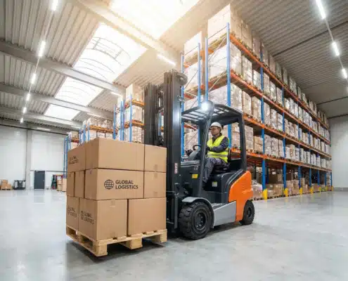 forklift moving boxes in a warehouse