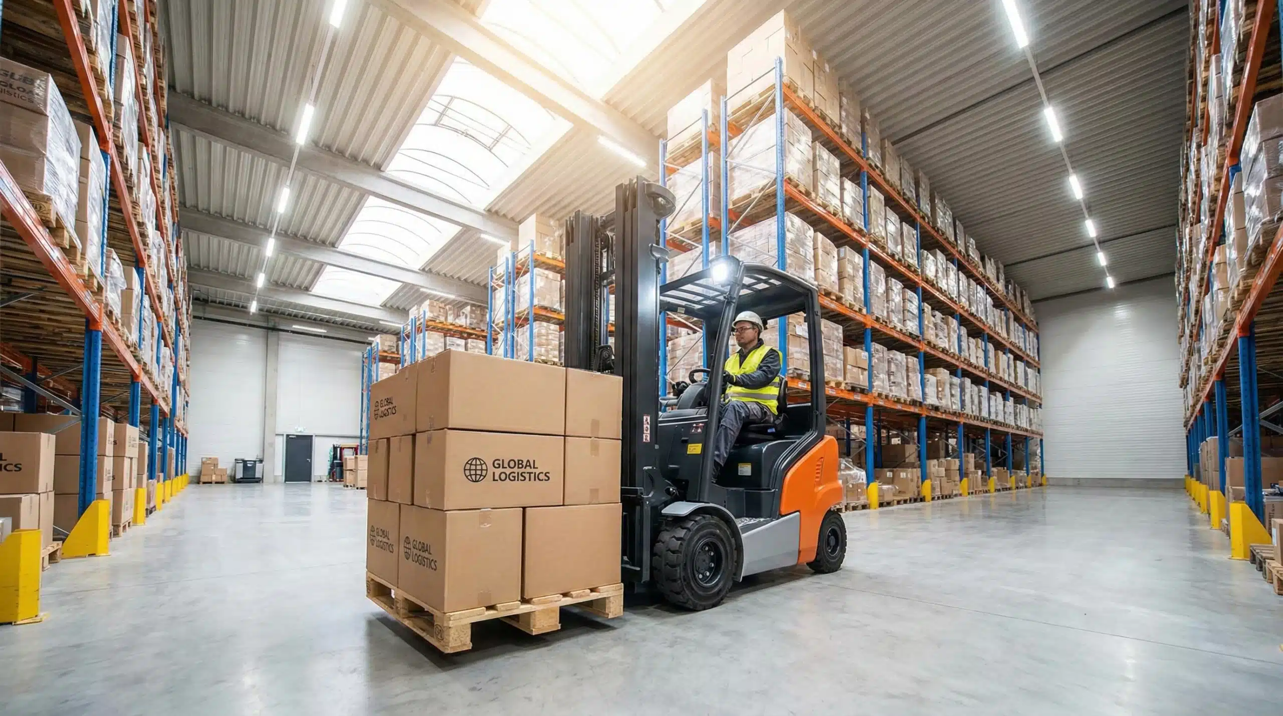 forklift moving boxes in a warehouse