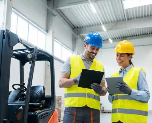 Two-warehouse-employees-with-safety-helmets-and-attire