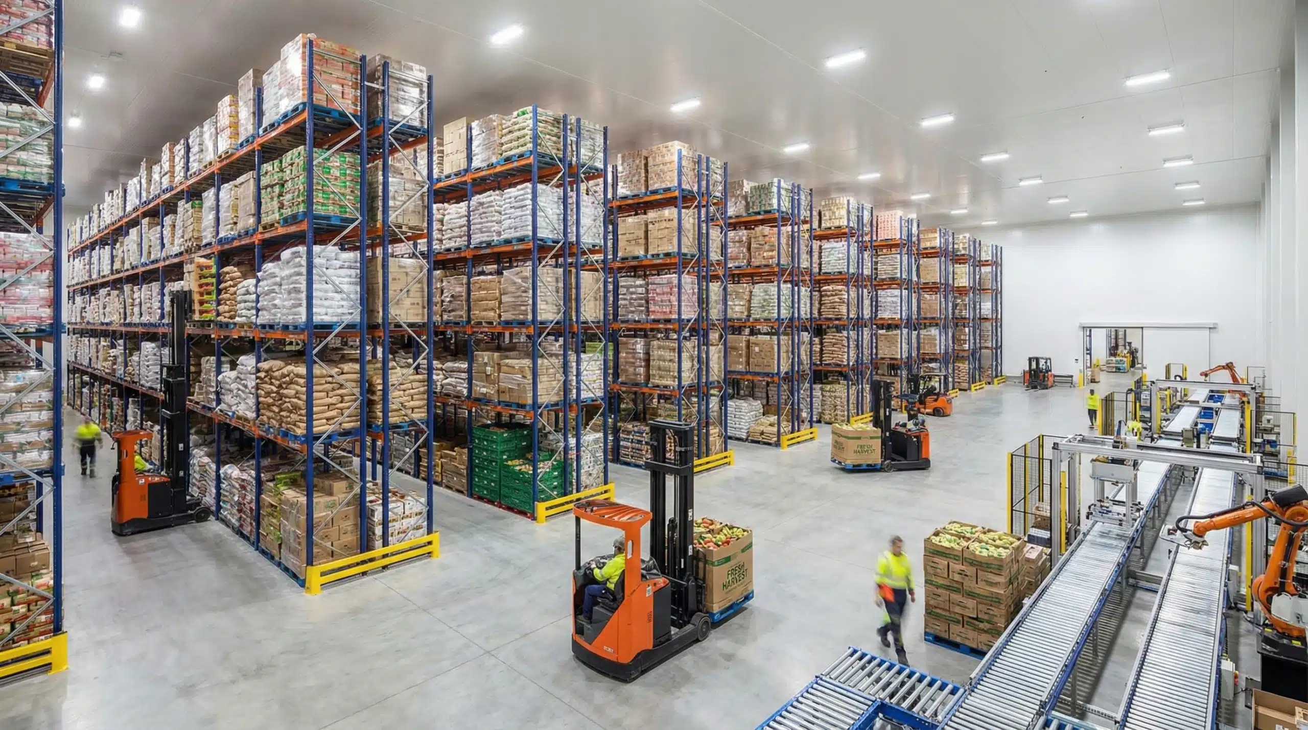 Modern food warehouse with organized inventory shelving and forklift equipment