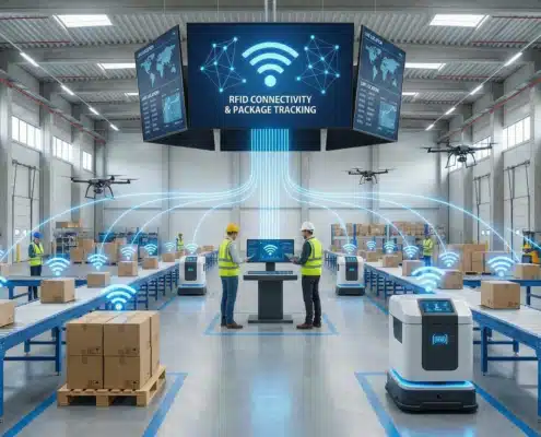 Modern warehouse with RFID technology icon showing wireless connectivity and package tracking