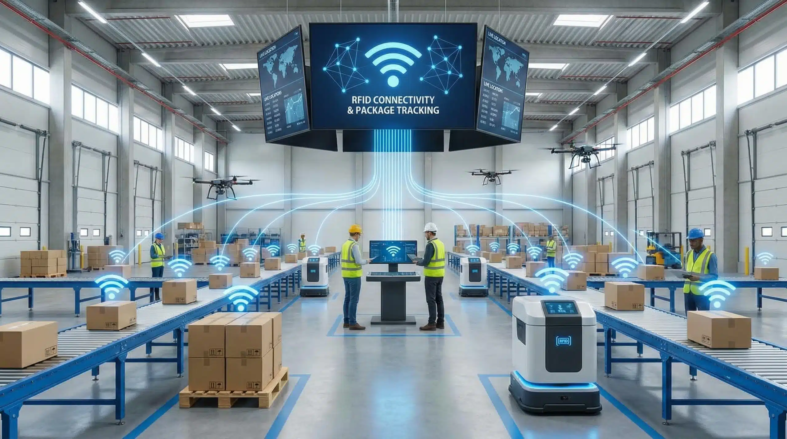 Modern warehouse with RFID technology icon showing wireless connectivity and package tracking