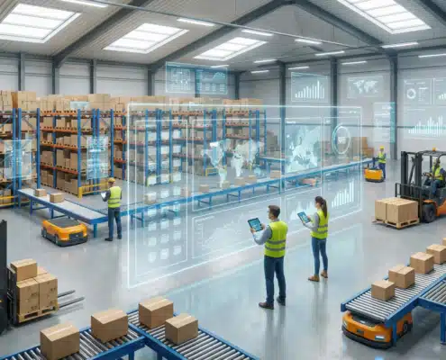 Isometric warehouse management system interface showing workers managing inventory and logistics operations