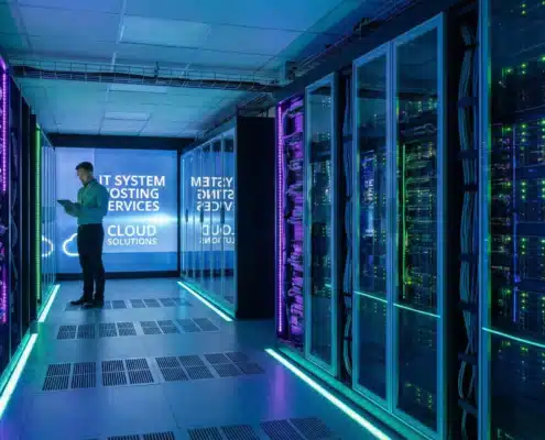 Modern data center server racks with LED lighting for IT system hosting services