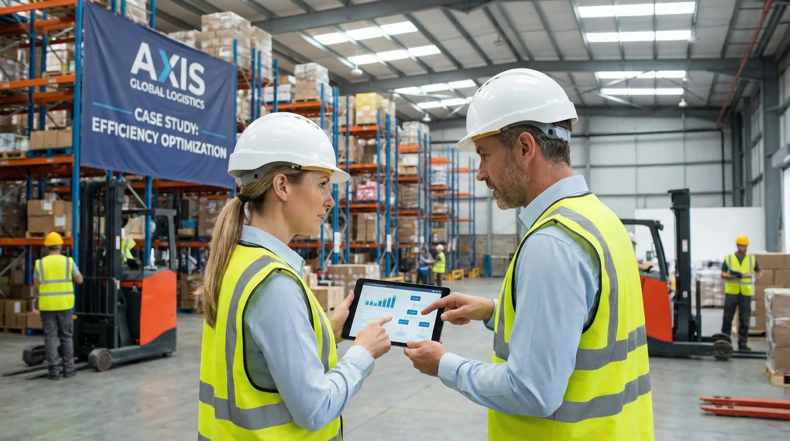Two professionals in hard hats reviewing warehouse operations for Axis Global case study