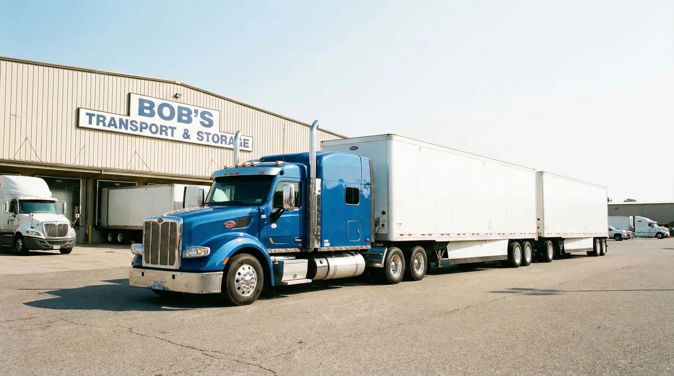 Blue semi-truck with white trailers parked outside Bob's Transport and Storage warehouse facility