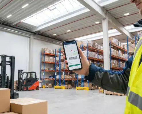 Person using smartphone for logistics tracking and mobile warehouse management