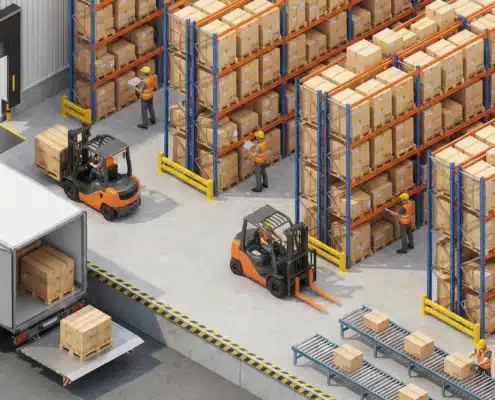 Isometric warehouse layout showing workers, forklifts, storage racks, and delivery truck in organized operation
