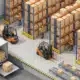 Isometric warehouse layout showing workers, forklifts, storage racks, and delivery truck in organized operation