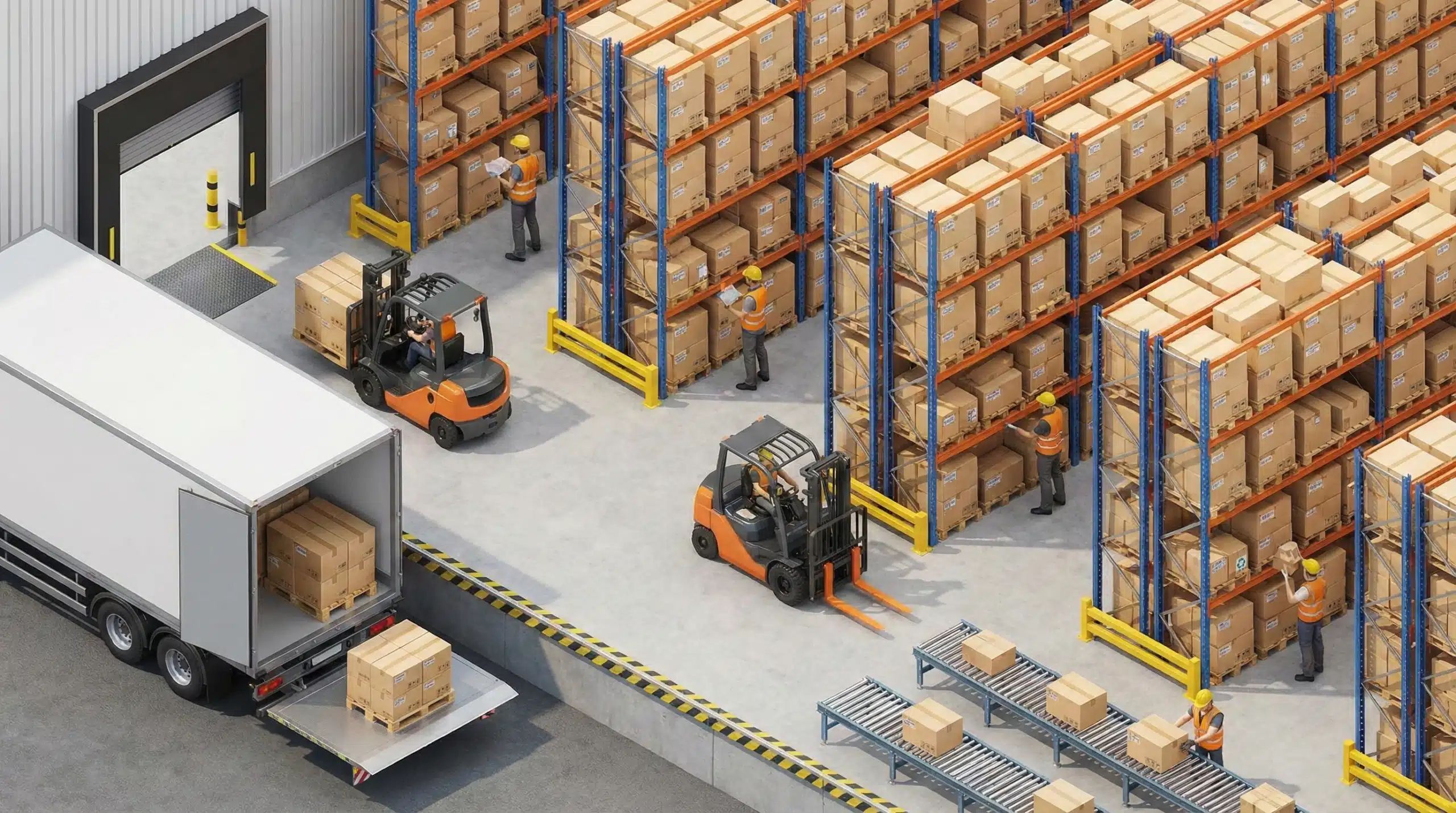 Isometric warehouse layout showing workers, forklifts, storage racks, and delivery truck in organized operation
