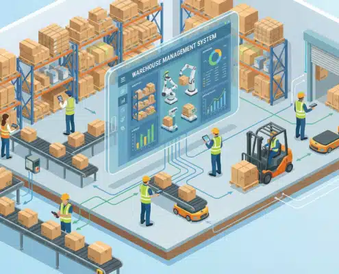 Isometric illustration showing warehouse management system with workers, packages, and digital tablet interface