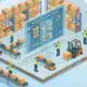 Isometric illustration showing warehouse management system with workers, packages, and digital tablet interface