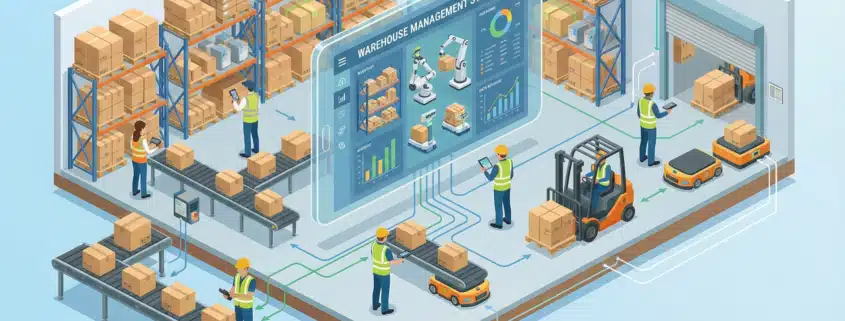 Isometric illustration showing warehouse management system with workers, packages, and digital tablet interface