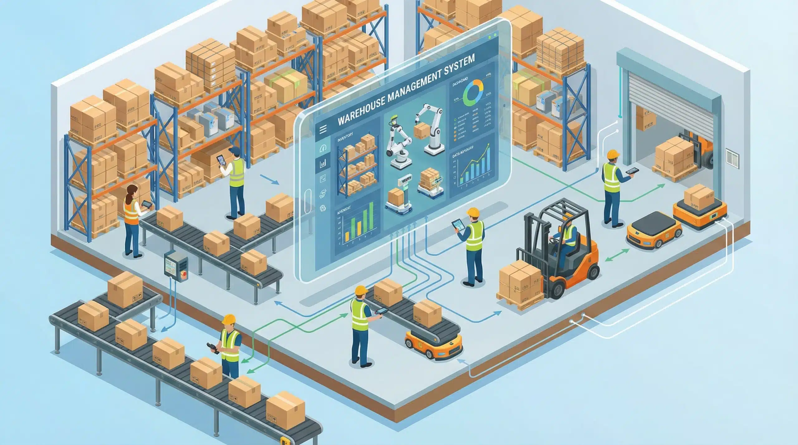 Isometric illustration showing warehouse management system with workers, packages, and digital tablet interface