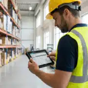 warehouse worker looking at a tablet