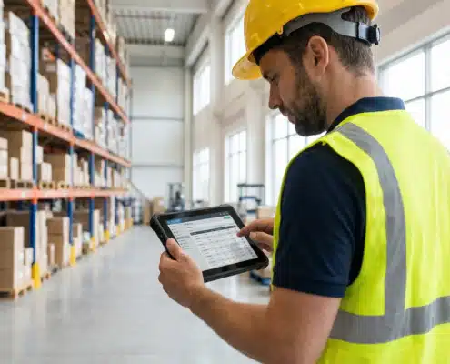 warehouse worker looking at a tablet