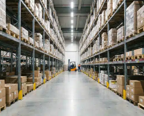 warehouse aisle with tall storage racks