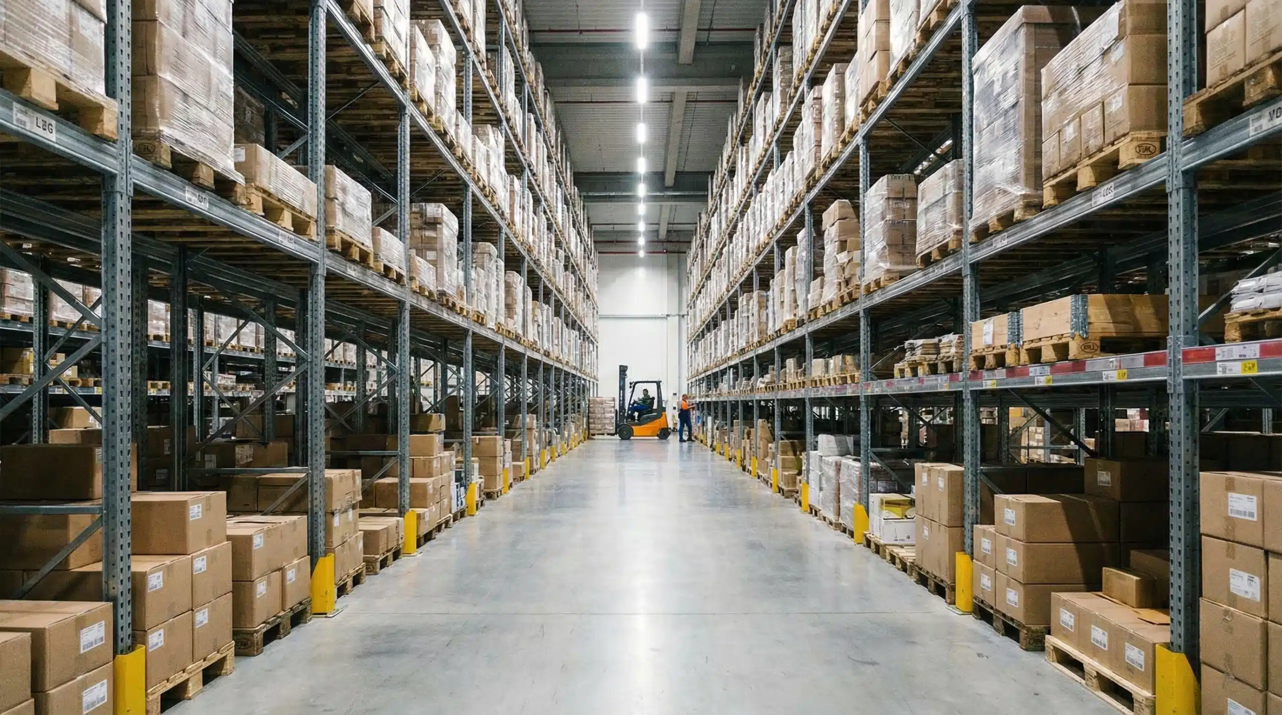 warehouse aisle with tall storage racks