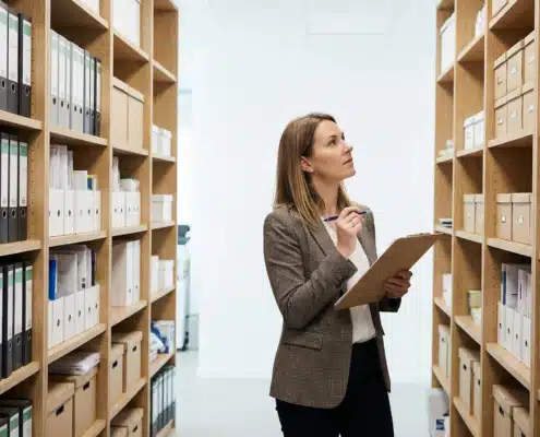 woman looking at the shelves with a clipboard