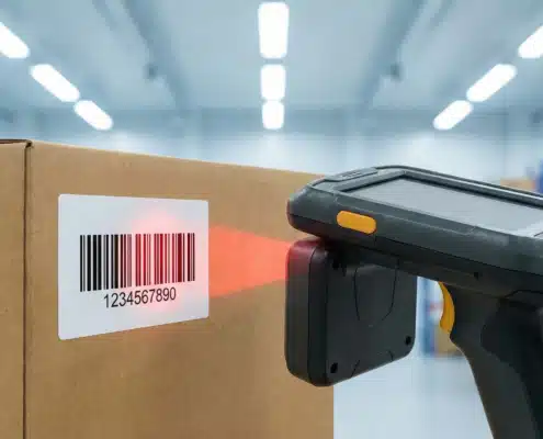 RF Scanner scanning a barcode on a box