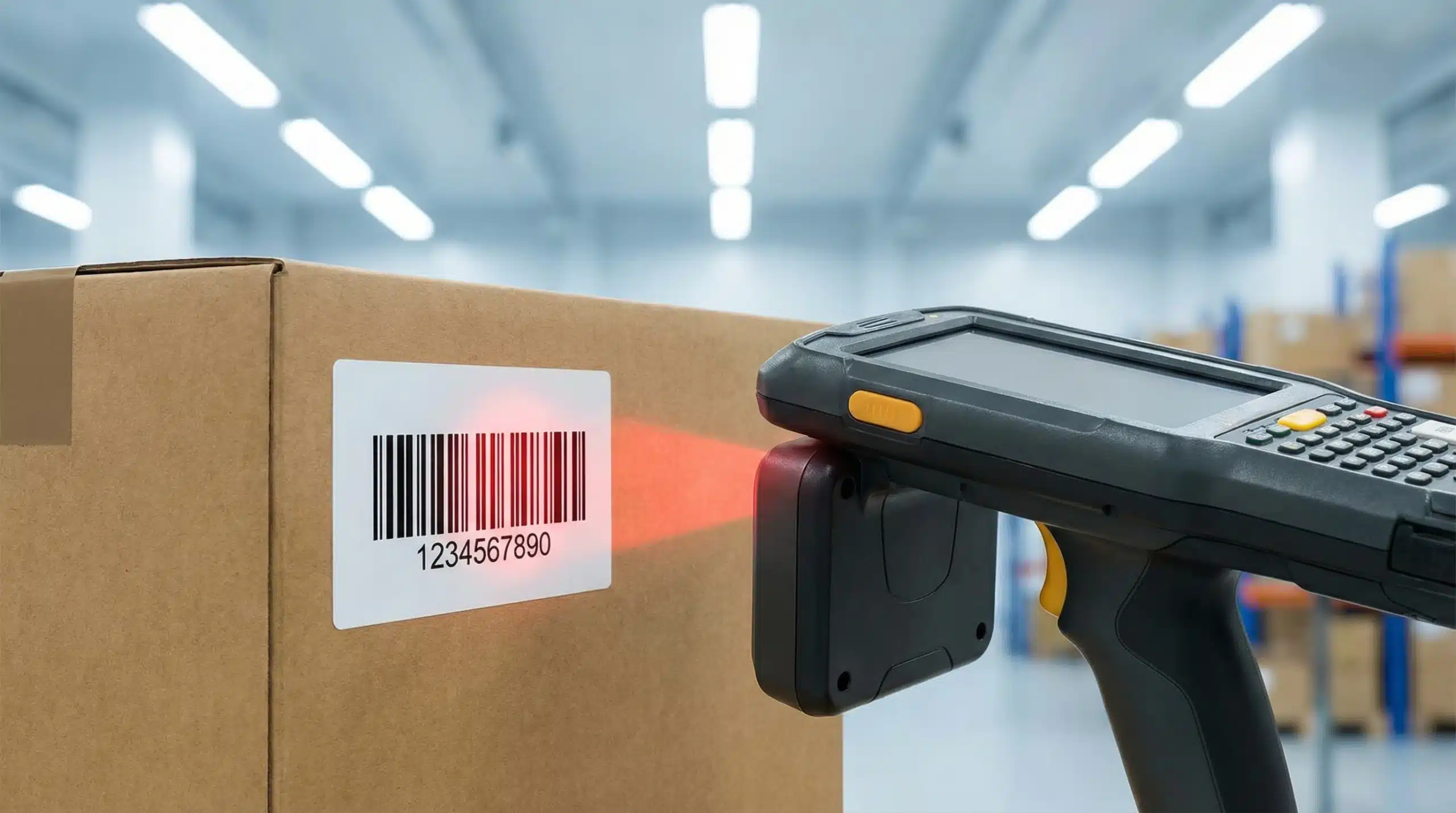RF Scanner scanning a barcode on a box