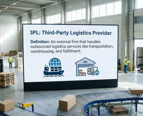 3PL third party logistics provider definition with shipping and warehouse icons