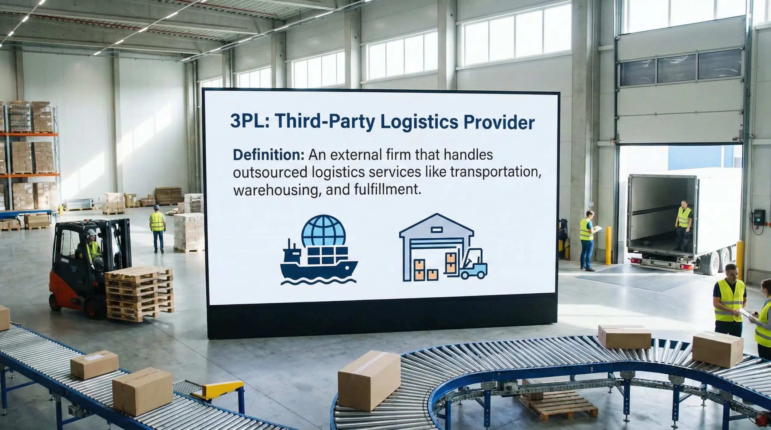 3PL third party logistics provider definition with shipping and warehouse icons