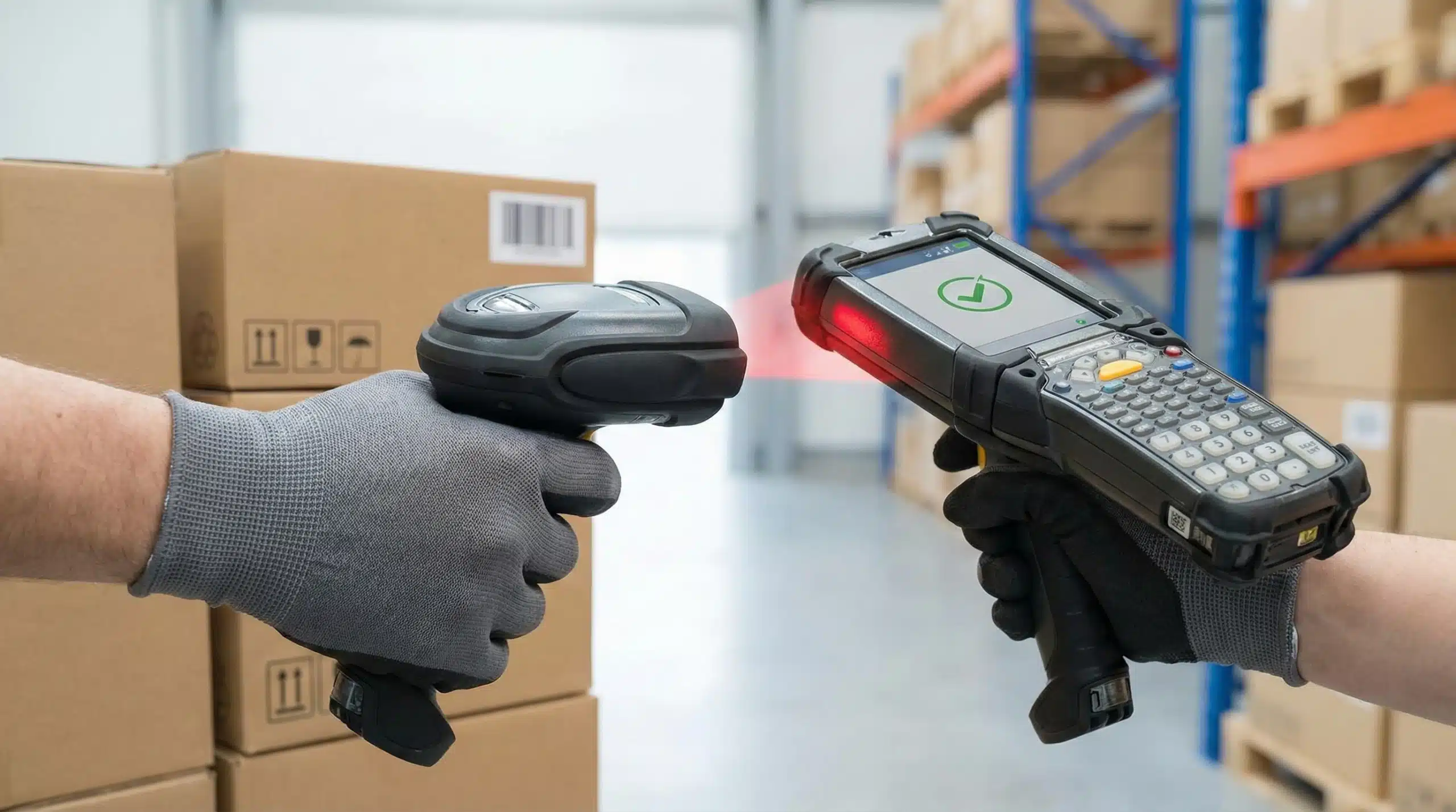 illustration of hand holding rugged barcode scanner near boxes