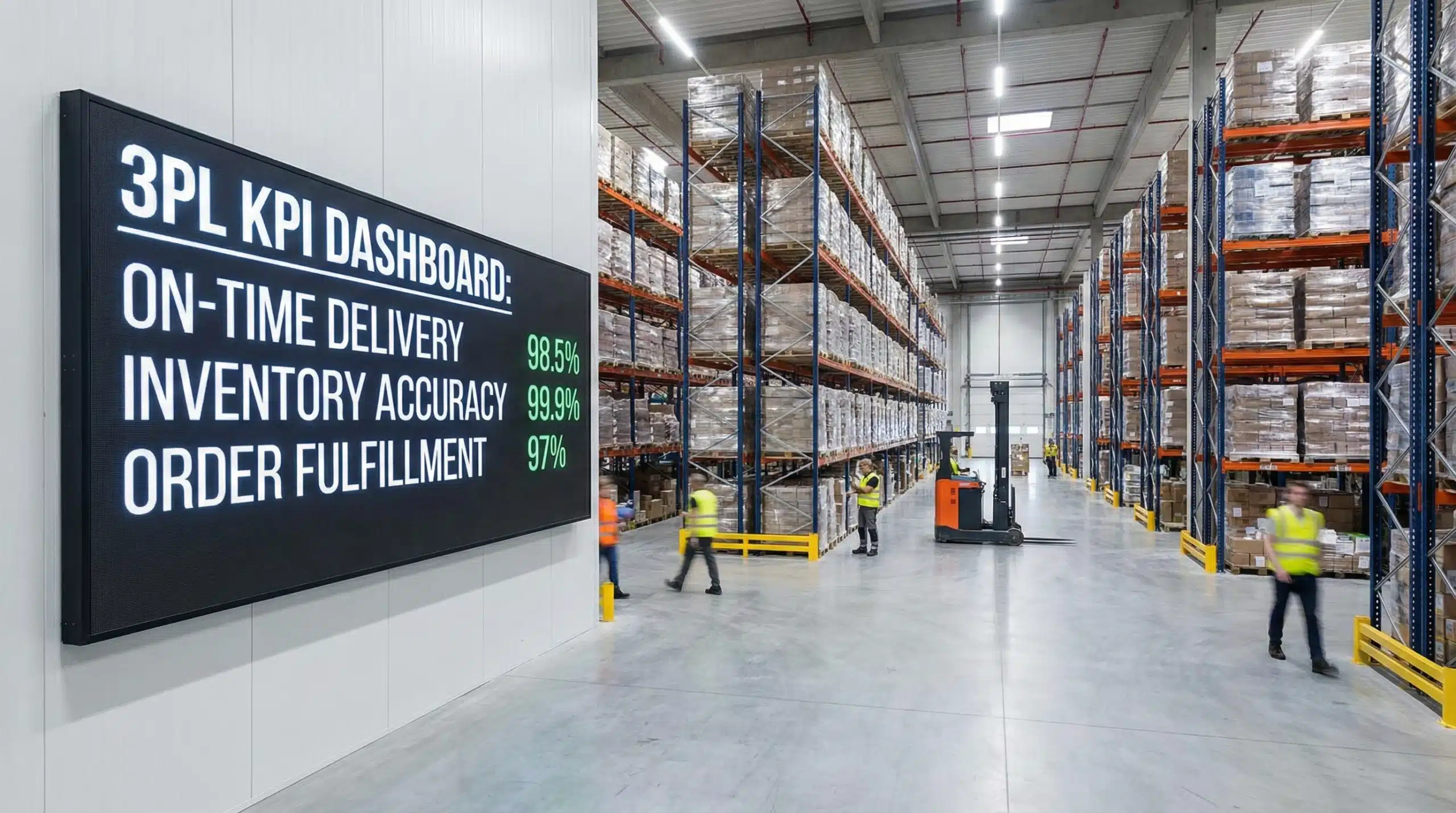 warehouse interior with 3pl kpi sign