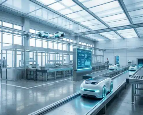 warehouse automation robots in futuristic illustration