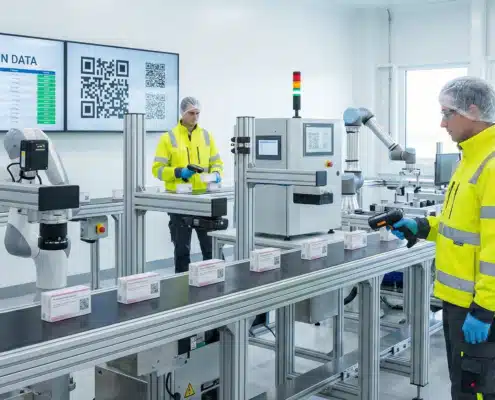 Workers scanning QR-coded products in a supply chain serialization facility with automated technology.