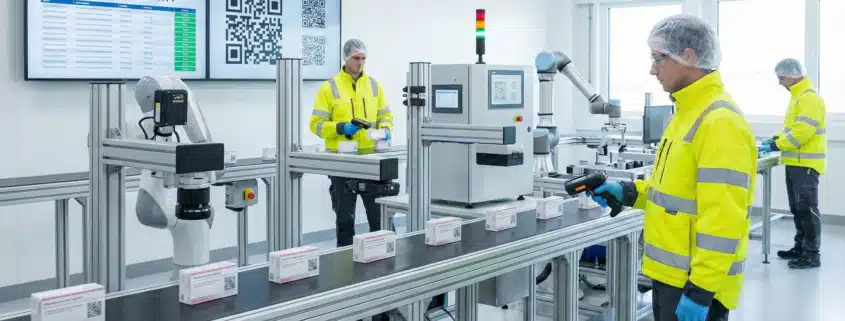 Workers scanning QR-coded products in a supply chain serialization facility with automated technology.