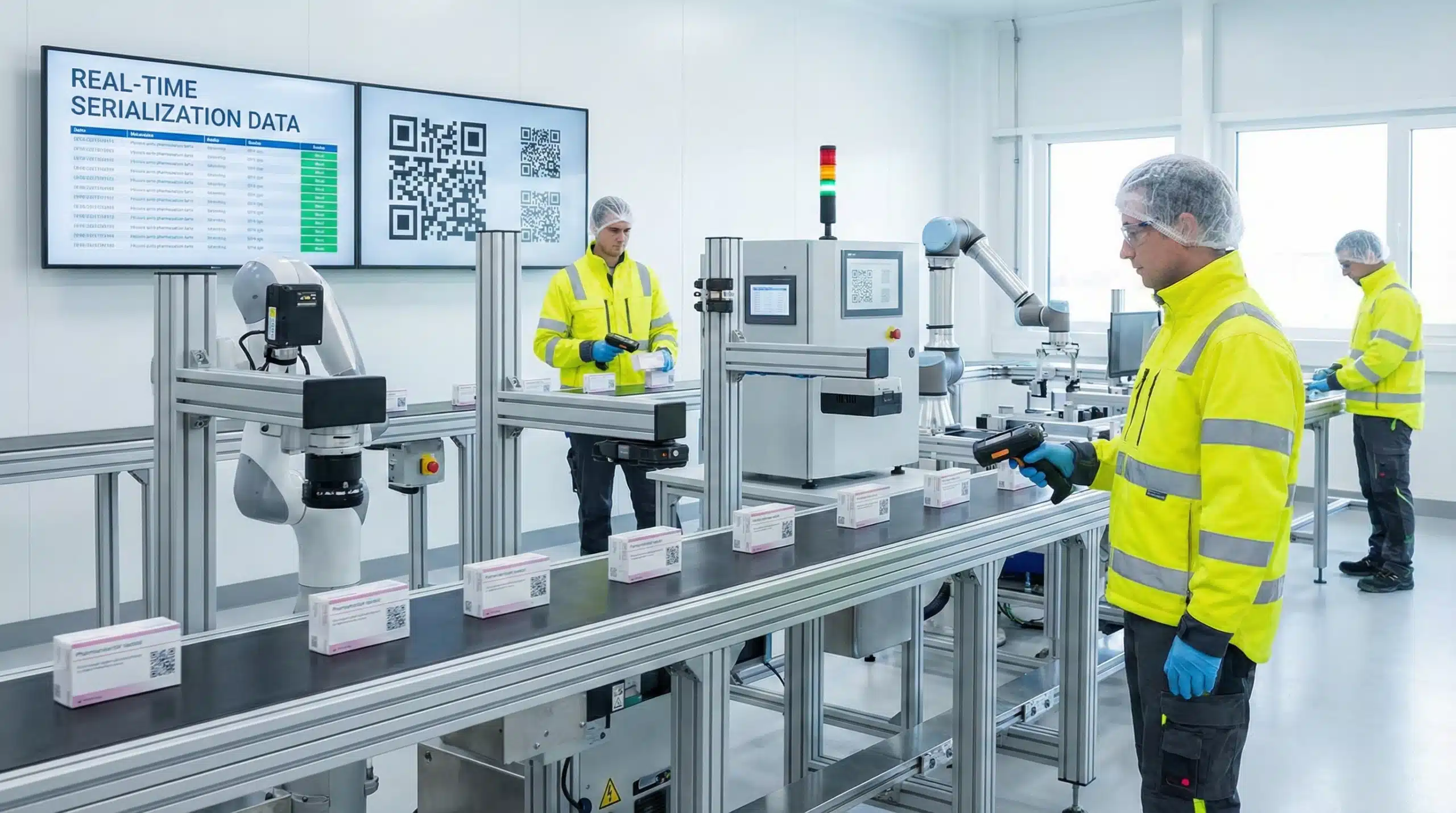 Workers scanning QR-coded products in a supply chain serialization facility with automated technology.