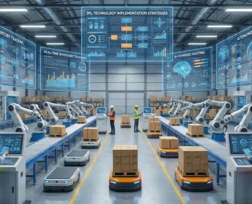 Modern automated warehouse with digital interfaces showcasing 3PL technology implementation strategies