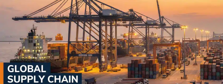 Sunset at a busy shipping port showing cranes unloading containers, demonstrating supply chain challenges.