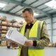 Warehouse worker in safety vest reviewing policies and procedures on clipboard