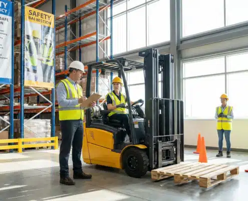 male and female workers doing warehouse forklift safety training