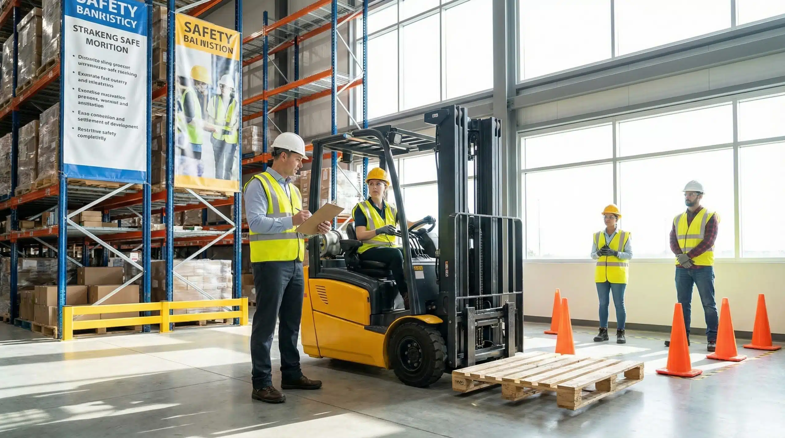 male and female workers doing warehouse forklift safety training