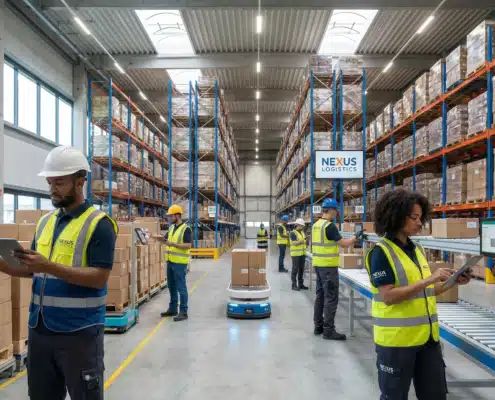Workers using tablets to manage inventory in a modern, well-organized warehouse.