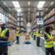 Workers using tablets to manage inventory in a modern, well-organized warehouse.