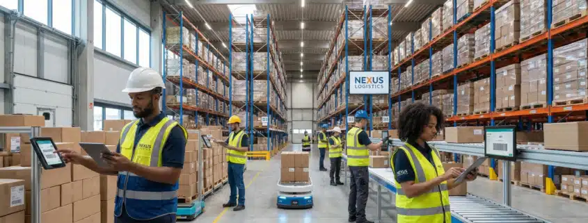 Workers using tablets to manage inventory in a modern, well-organized warehouse.