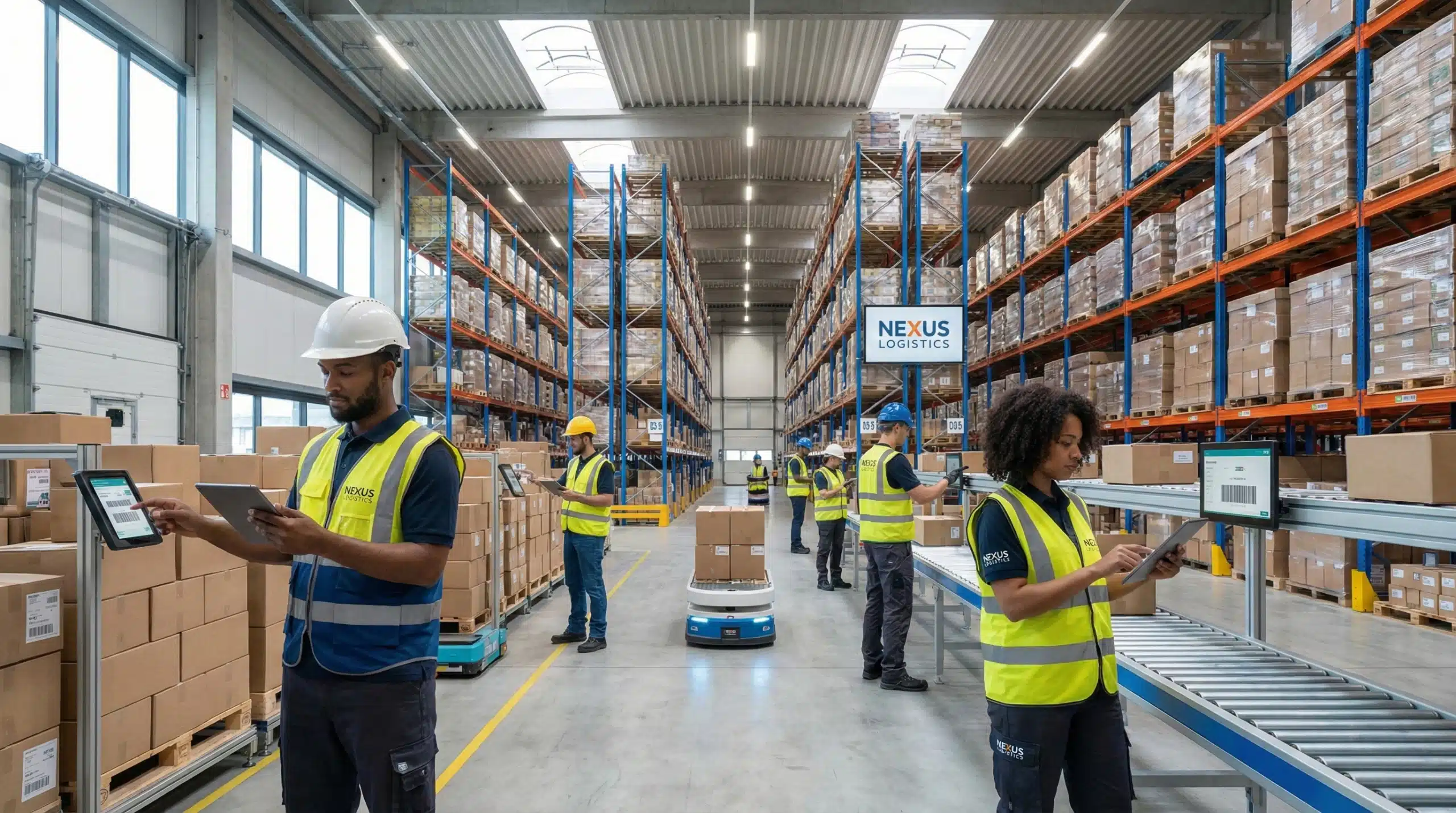 Workers using tablets to manage inventory in a modern, well-organized warehouse.