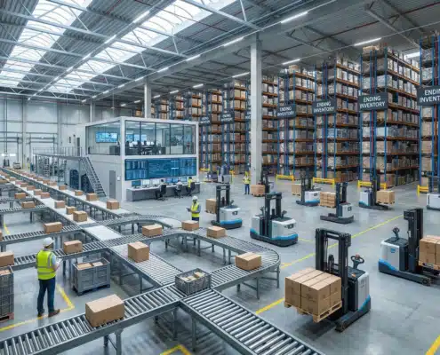 Automated conveyor belts and robotic forklifts manage ending inventory in a modern distribution warehouse.