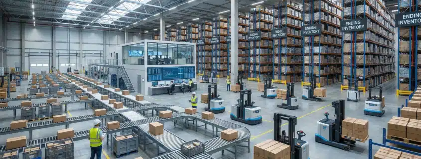 Automated conveyor belts and robotic forklifts manage ending inventory in a modern distribution warehouse.