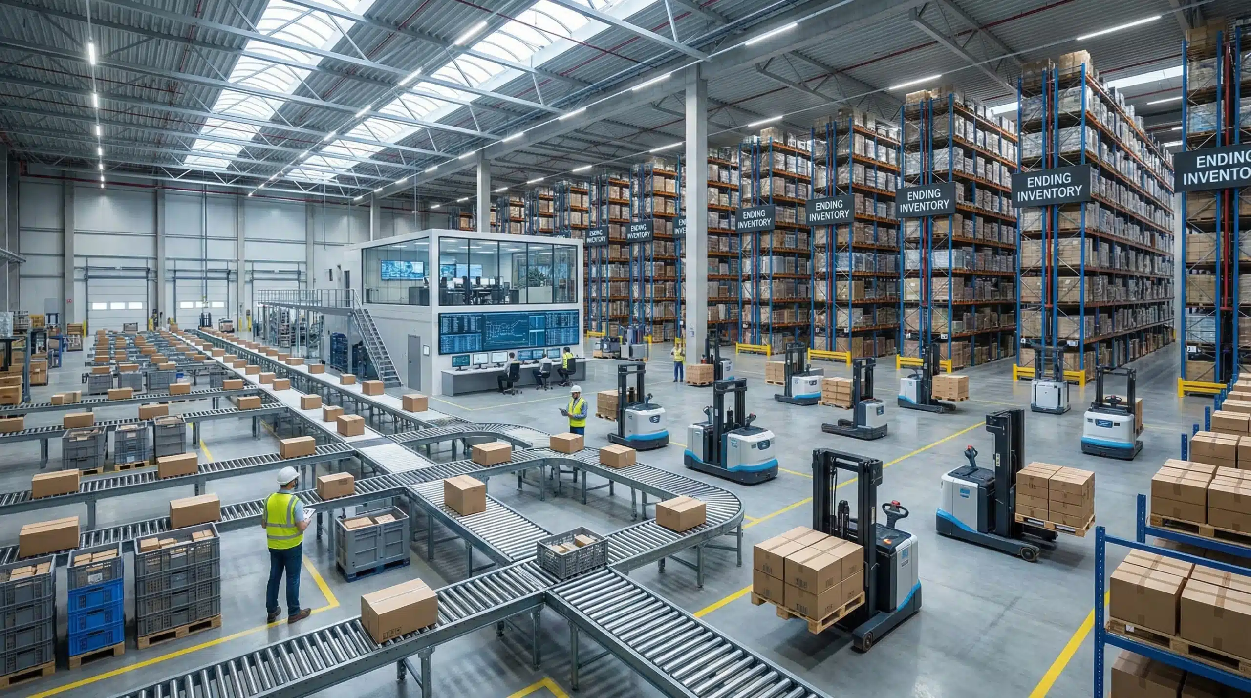 Automated conveyor belts and robotic forklifts manage ending inventory in a modern distribution warehouse.