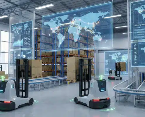 Modern supply chain warehouse with robotic forklifts and digital transportation maps enhancing visibility.
